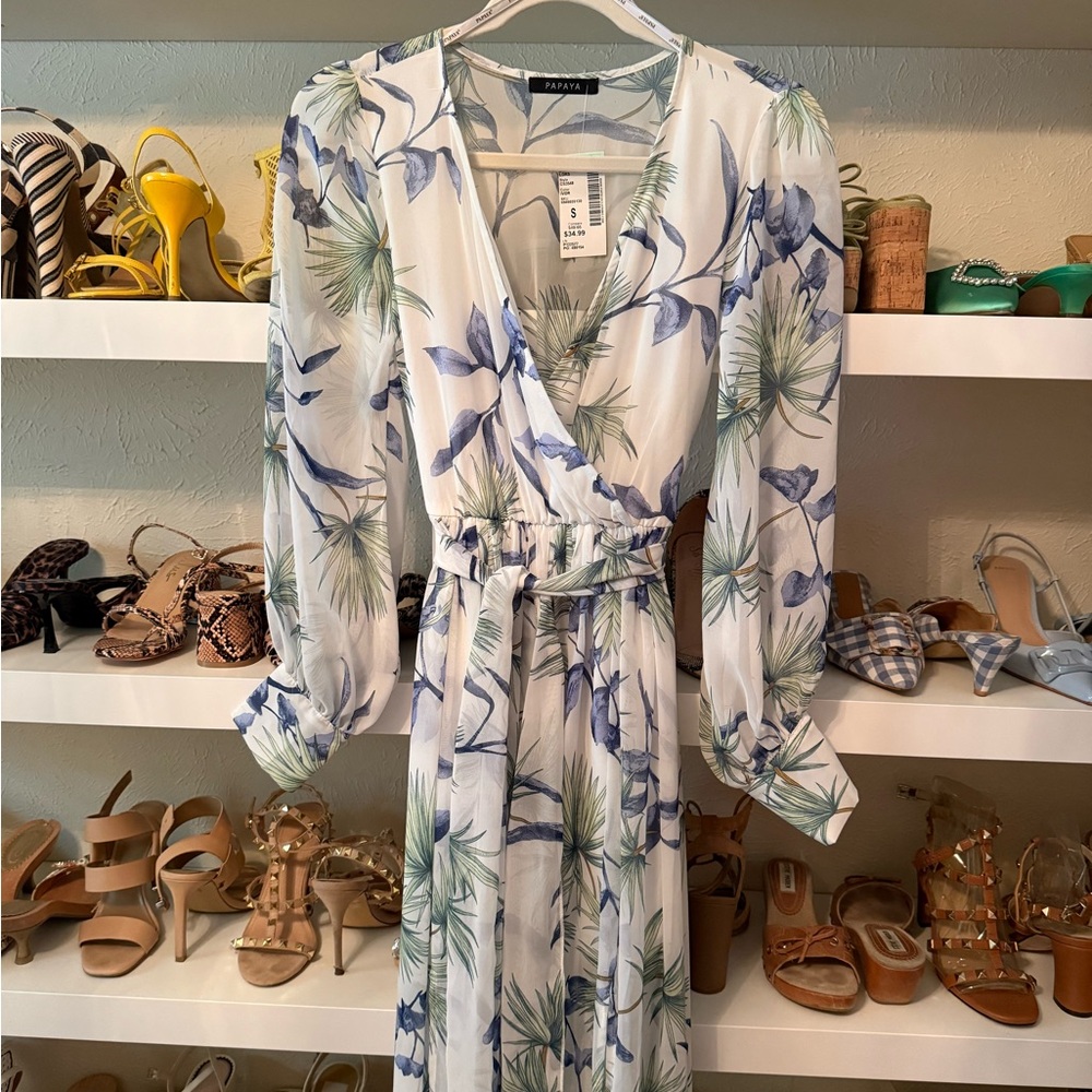 Papaya White Maxi Dress with Blue and Green Floral Print